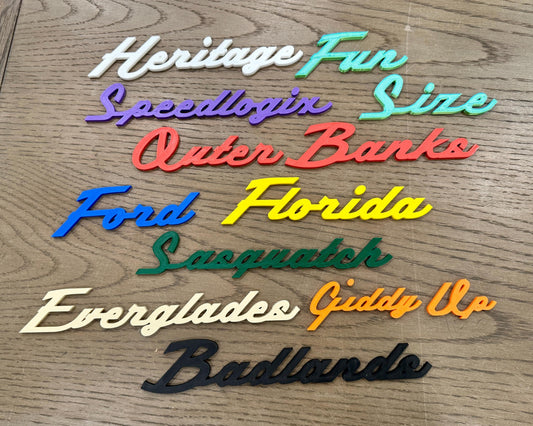 Custom Emblem Badge in Bronco Script Font - Any Text (30+ Colors)